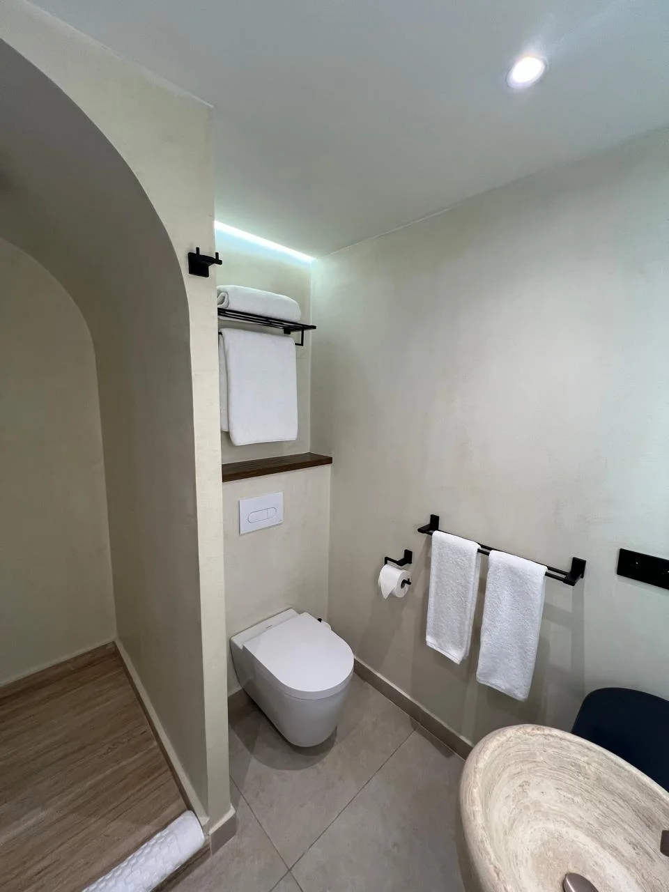 Salle de bain avec WC suspendu et vasque